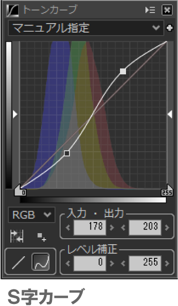 トーンカーブを使いS字カーブで硬調に仕上げる